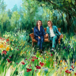 Afterpaint (schilderij n.a.v. een foto), 2 mensen op een bank met bloemen, 12 maart 2024 